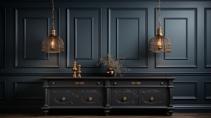 Vintage retro living room with a carved console table against dark blue paneling. Moldings and rich colors create a timeless and sophisticated atmosphere.