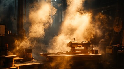 Fototapeta premium A Vintage Sewing Machine Bathed in Golden Light and Smoke