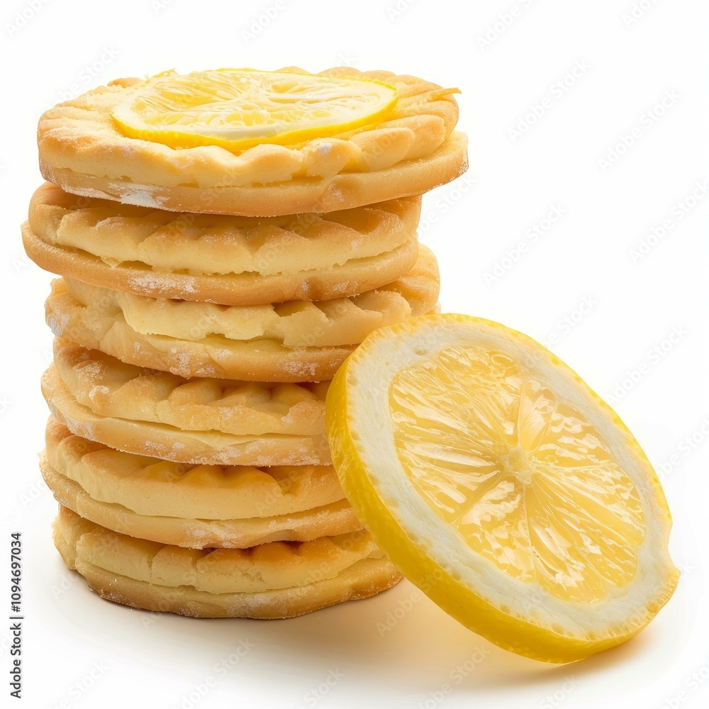 Poster lemon sandwich cookies stacked high with a slice of fresh lemon, creating a refreshing and flavorful