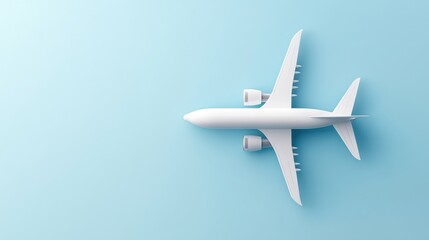 Minimalist white airplane on soft blue background: modern aerial travel concept