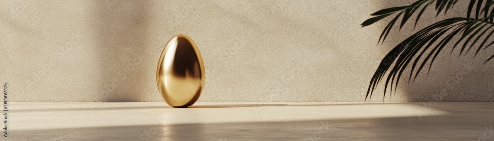 Poster a golden egg-shaped object stands on a smooth surface, illuminated by soft light, enhancing its refl