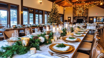 Elegant dining setup for a festive winter celebration with candles and greenery in a beautifully decorated hall