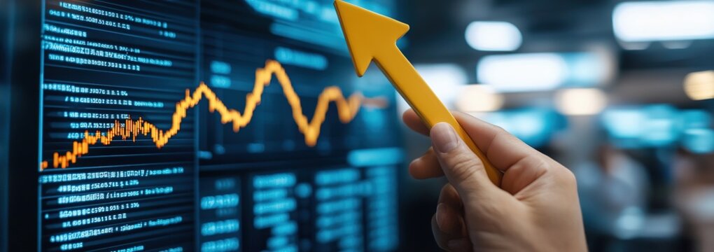 Businessman's hand holding upward-pointing yellow arrow, stock market graph, financial data on virtual screen, business growth investment concept, blurred office background, blue theme, 