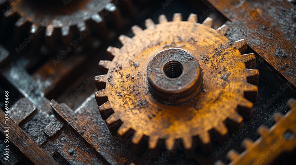 Poster close-up of rusty gears interlocking and turning