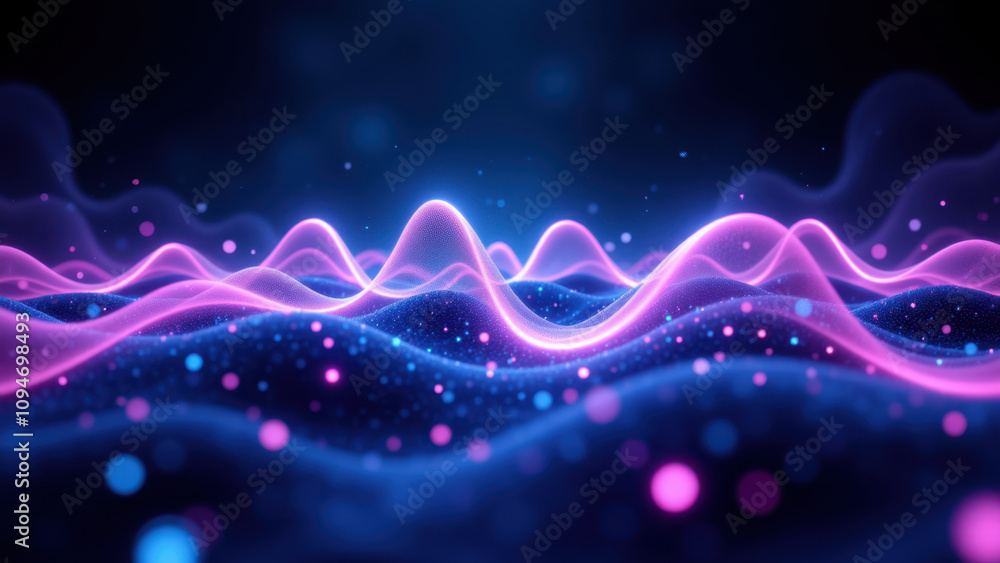 Poster abstract high-tech background with waves and particles in purple hues.