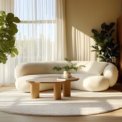 Large Round Sofa in the Center of an Open Living Space with Natural Light Streaming Through Sheer Curtains and Green Plants in the Background