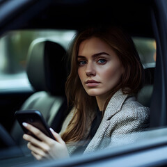 A stylish woman sits in a car, holding a smartphone, with a focused expression, embodying modern urban life and technology.