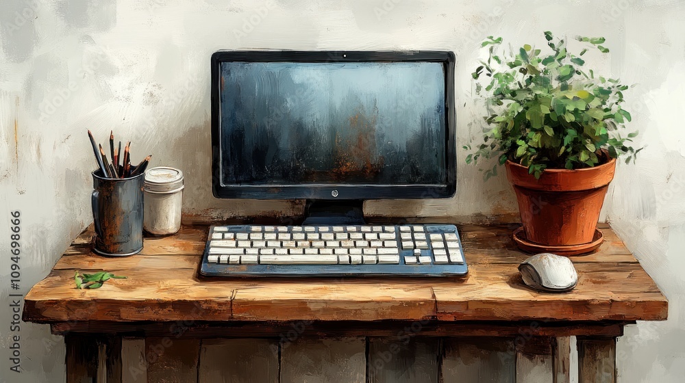 Aufkleber computer setup in a rustic office