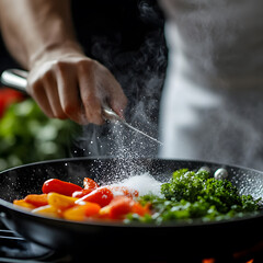 A hand stirring colorful vegetables in a frying pan, creating steam and showcasing vibrant cooking ingredients.