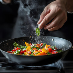 A chef sprinkles fresh herbs over a vibrant vegetable stir-fry in a hot pan, showcasing culinary skill and fresh ingredients.