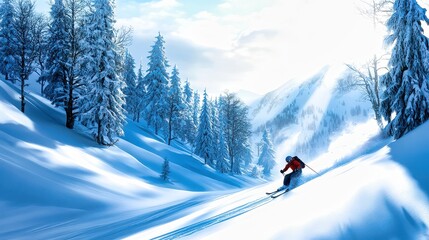 Skiing through pristine snow-covered mountains under a brilliant blue sky in winter's embrace