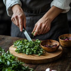 A person chops fresh herbs on a wooden cutting board, surrounded by bowls of spices, emphasizing culinary preparation and vibrant ingredients.