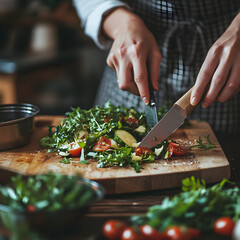 A person prepares a fresh salad by chopping vegetables on a wooden cutting board, showcasing vibrant colors and healthy ingredients.