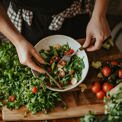 A person prepares a fresh salad with greens and cherry tomatoes in a rustic kitchen, highlighting healthy eating and cooking skills.
