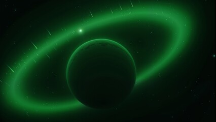 Naklejka premium 3D rendering, green planet with a glowing aurora encircling the poles, dark starry sky as the backdrop 