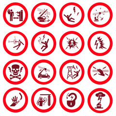 High voltage sign. Round red and white electrical hazard signs.