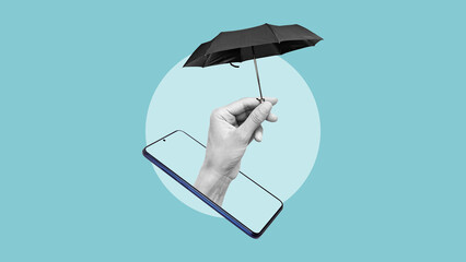 Digital protection and Cyber security concept. Smartphone with an umbrella as Cybersecurity and...