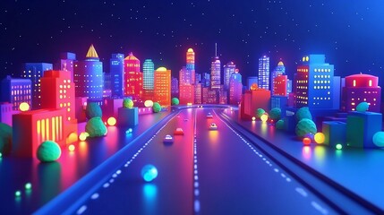 Fototapeta premium City at Night with 3D Rendered Lights Creating Patterns from Above