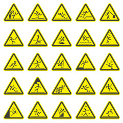 Danger warning signs. Triangular yellow signs. Different types of danger.