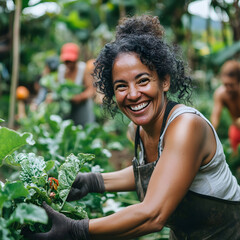 A joyful woman harvesting greens in a lush garden, surrounded by fellow gardeners, showcasing community and sustainable farming.