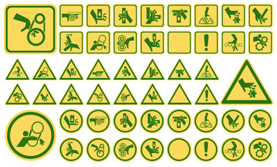 Set of ISO warning signs: hand crushing force. Be attentive. Hand chewing. Hand mutilation.