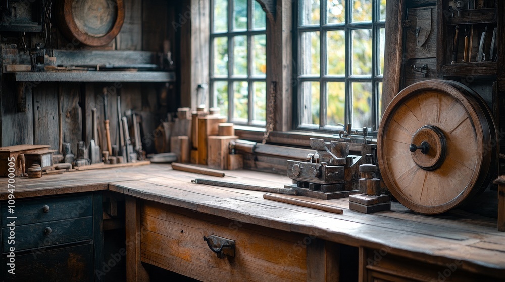 Poster a rustic woodworking workshop with tools and a window view
