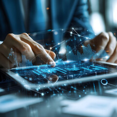 A person interacts with a tablet displaying digital data and futuristic graphics, representing advanced technology and information processing.