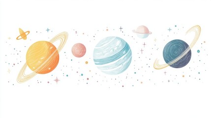 Illustration of the solar system with each planet labeled, white background, simple shapes, cute and dreamy, hand-drawn style, kids' wall art, minimalist design, 