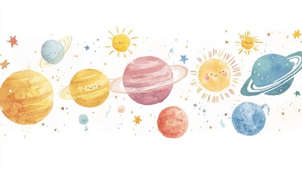 Illustration of the solar system with each planet labeled, white background, simple shapes, cute and dreamy, hand-drawn style, kids' wall art, minimalist design, 