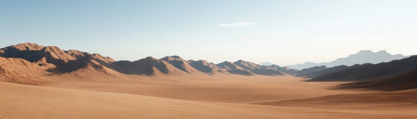 Fototapeta premium A vast desert landscape showcasing golden sands, rocky formations, and distant mountains under a clear blue sky.
