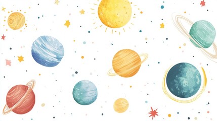 Illustration of the solar system with each planet labeled, white background, simple shapes, cute and dreamy, hand-drawn style, kids' wall art, minimalist design, 