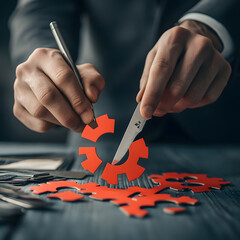 A pair of hands is assembling red gear-shaped cutouts, symbolizing teamwork and innovation in a professional setting.