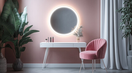 Elegant makeup vanity with a round illuminated mirror, pink chair, and minimal decor, creating a luxurious and modern interior design aesthetic.