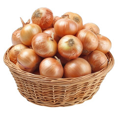Freshly harvested yellow onions in a wicker basket isolated on transparent background cutout png