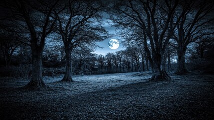 Fototapeta premium Full moon illuminating a dark, mystical forest clearing.