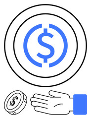 Hand holding a coin with a dollar sign in a circle. Ideal for finance, investment, monetary exchange, banking, transactions, savings, business. Line metaphor