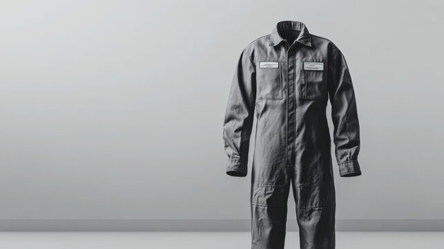 Grey janitor uniform mockup with coveralls and name badge, isolated on a simple background