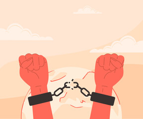 Vector illustration of two hands raised in the air with broken shackles. Banner for Human Rights Day on December 10. Vector banner about liberation from restrictions or oppression