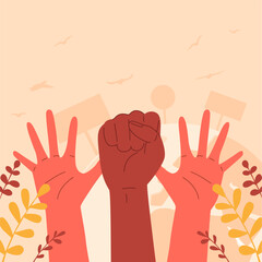 Vector illustration of raised hands of speakers at a rally. Illustration for Human Rights Day on December 10, advocating for liberation from oppression and racial discrimination