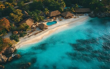 Aerial view of a secluded tropical beach with thatched-roof cabanas, a small pool, and crystal-clear turquoise water.