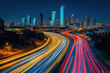 Obraz premium Busy city highway with light streaks at night