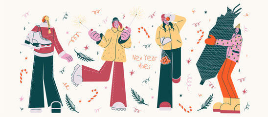 Vector Illustration of Festive Women in Retro Style A Woman Holding Ice Skates, with Sparklers, One Carrying a Net of Tangerines, and Another Hugging a Christmas Tree; Minimalist Holiday Design
