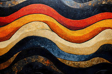 Dot paintings in earthy tones with wavy patterns formed by the lines.