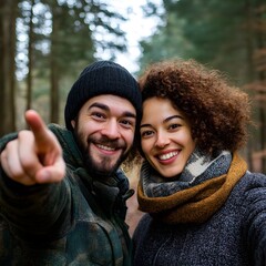 A cheerful couple poses outdoors in a forest, smiling and pointing, surrounded by trees and nature.