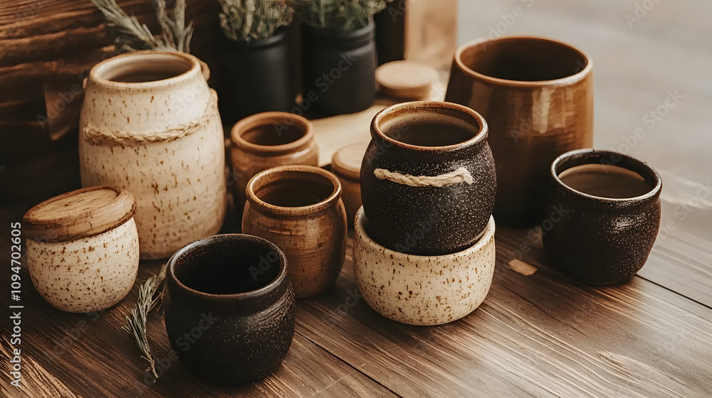 Poster a collection of rustic ceramic pots in various sizes and colors, arranged on a wooden surface, adorn