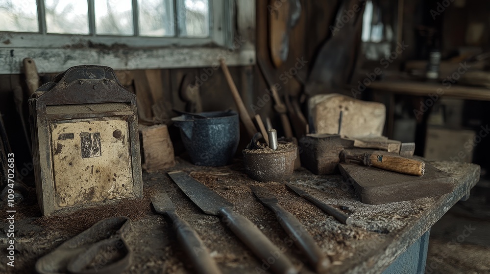 Poster a collection of tools and utensils in a rustic workshop