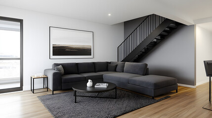 Fototapeta premium A modern living room featuring a dark sectional sofa, a round coffee table, and a stylish staircase, creating a cozy yet sophisticated atmosphere