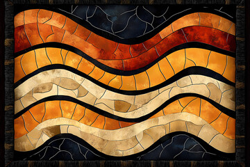Dot paintings in earthy tones with wavy patterns formed by the lines.