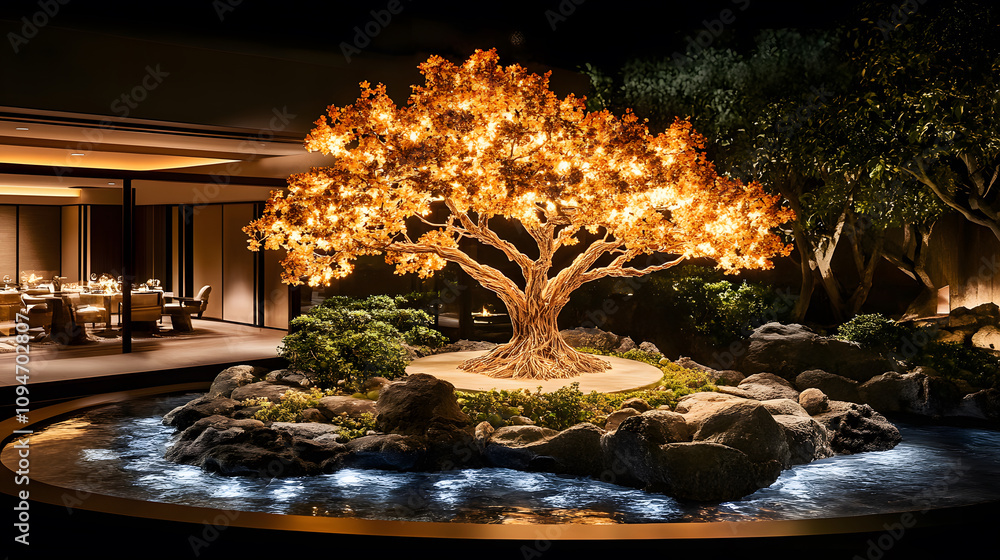 Poster a beautifully illuminated tree stands in a serene garden, surrounded by rocks and water, creating a 
