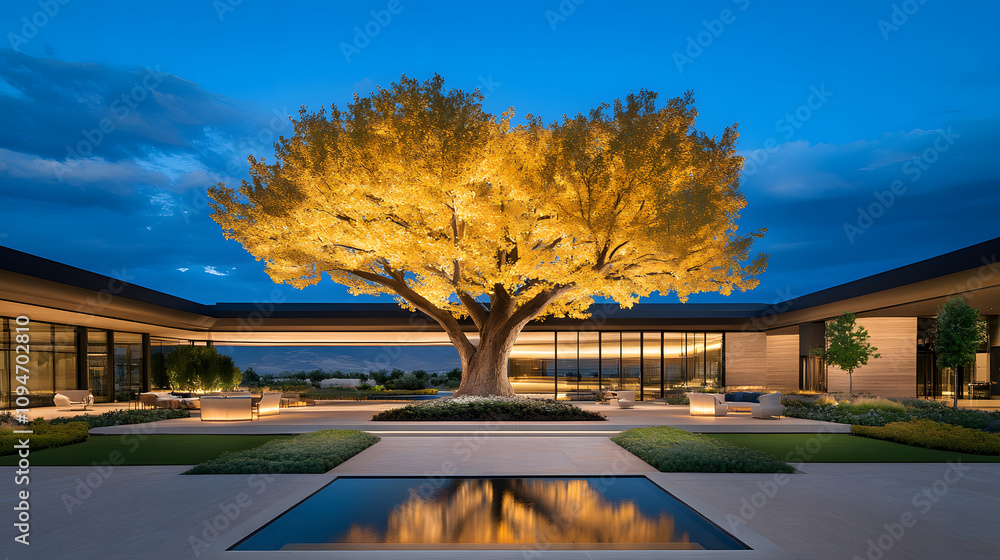 Poster A serene courtyard features a majestic golden tree set against a twilight sky, surrounded by elegant architecture and reflecting pools